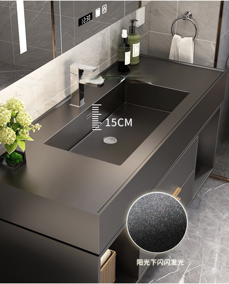 BARI-Grey Gun Wallhung bathroom vanity with Quartz Dark Grey Top Set  48" x 19"