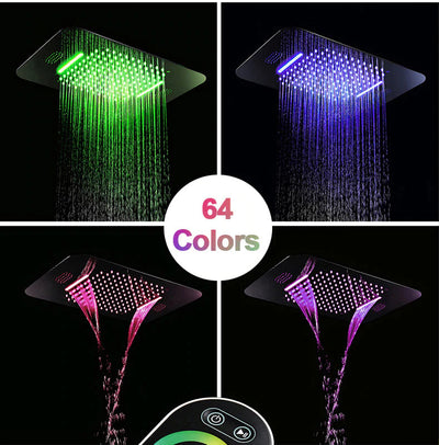Gold Polished -Smart LCD Touch Control Display Shower System with 23"x15" inch Square Colorful LED Ceiling Flushmount Rainfall Waterfall SPA Thermostatic 5 Way Mixer and 6 Body Jets Sprayers Shower Kit