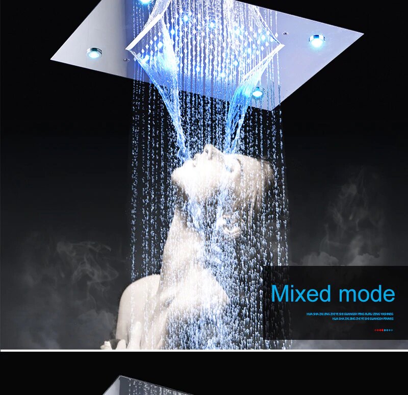 Chrome LED Waterfall, Bluetooth Music Ceiling flush mount LED Bluetooth Thermostatic 5 Way function spa shower system kit