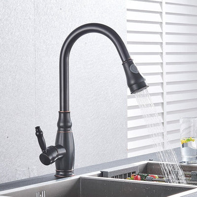Gold-Black-Brushed Nickle Transitional Design Pull Out Dual Mode Kitchen Faucet
