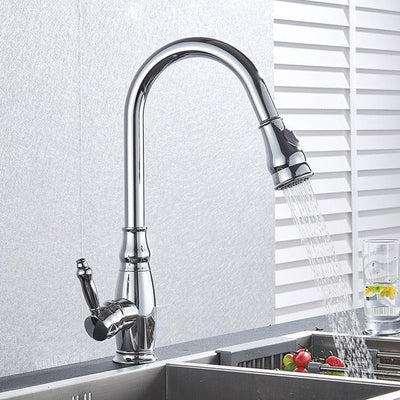 Gold-Black-Brushed Nickle Transitional Design Pull Out Dual Mode Kitchen Faucet