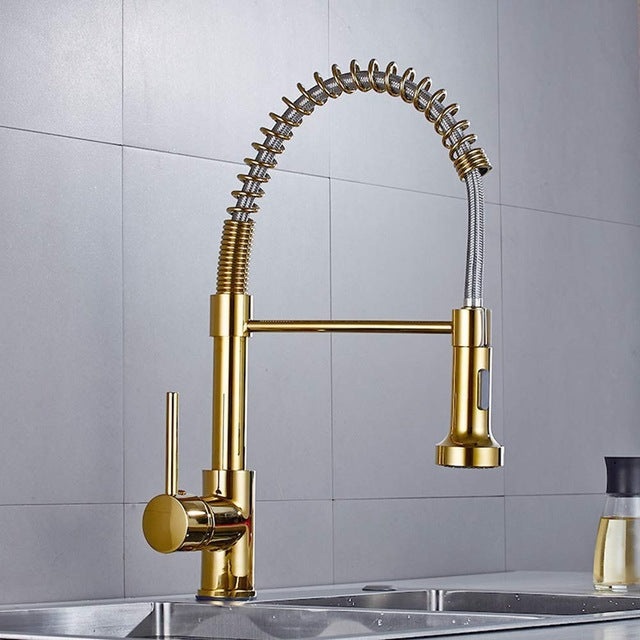 Gold Polished Brass Spring Kitchen Sink Faucet Single Hand Modern Hot and Cold Water gold Pull Out