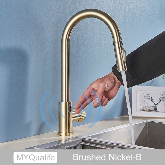 Brushed Gold Motion Sensor dua pull out sprayer kitchen faucet