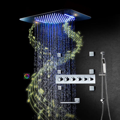 Chrome LED Waterfall, Bluetooth Music Ceiling flush mount LED Bluetooth Thermostatic 5 Way function spa shower system kit