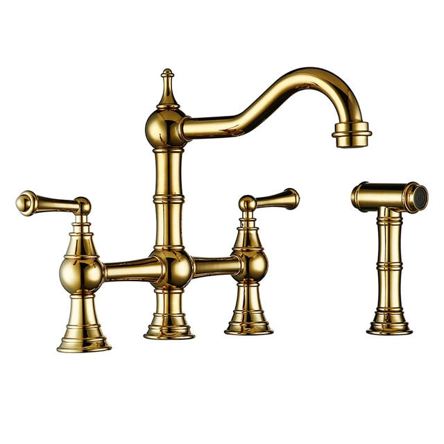 Polished Gold Bridge Victorian Antique Style Kitchen Faucet With  Handle Held Pull Out Sprayer