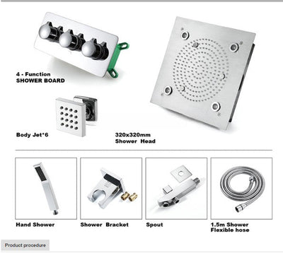 Chrome 12"x12"  Ceiling Flushmount LED Rain head and Mist Bluetooth Wifi Music completed spa shower system kit-UPC