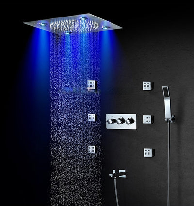 Chrome New 12"x12" Ceiling Flushmount LED Rain head and Mist Bluetooth Wifi Music 4 way function valve ,hand spray and body jet massage completed spa shower system kit