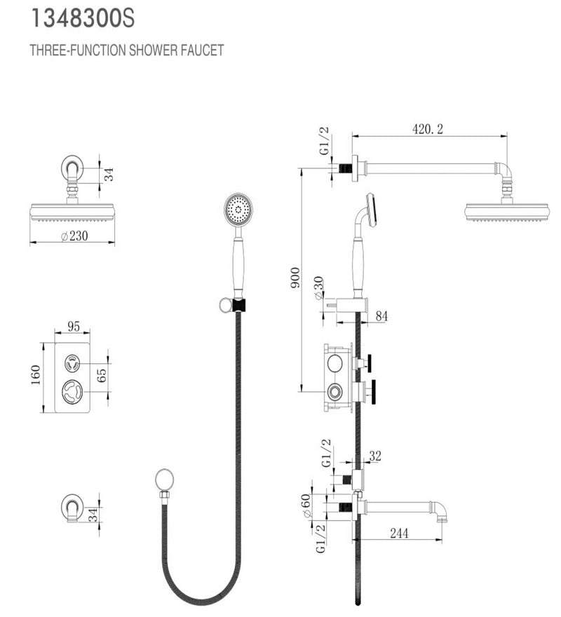 Black matte -Victorian Industrial Style 2 and 3 Way Function Shower with tub filler completed Kit