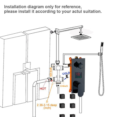 Black LCD Temperature Control Display 3 Way Mixer Valve Shower With 6 Body Sprayer Massage Jet Kit-CSA