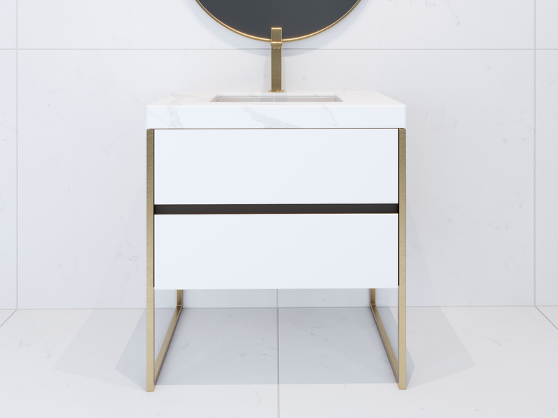 BELLA-White Matte freestanding bathroom vanity with brushed gold steel framed trim