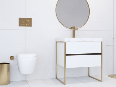 New 2023 Bella- White Bathroom Vanity Matte with Steel Brushed Gold Metal Trim and White Bianco Carrera Look