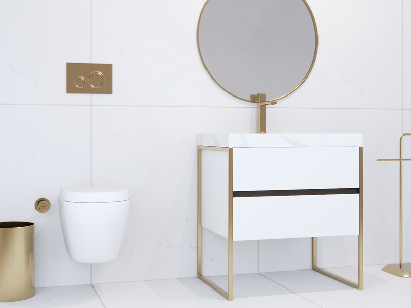 New 2023 Bella- White Bathroom Vanity Matte with Steel Brushed Gold Metal Trim and White Bianco Carrera Look