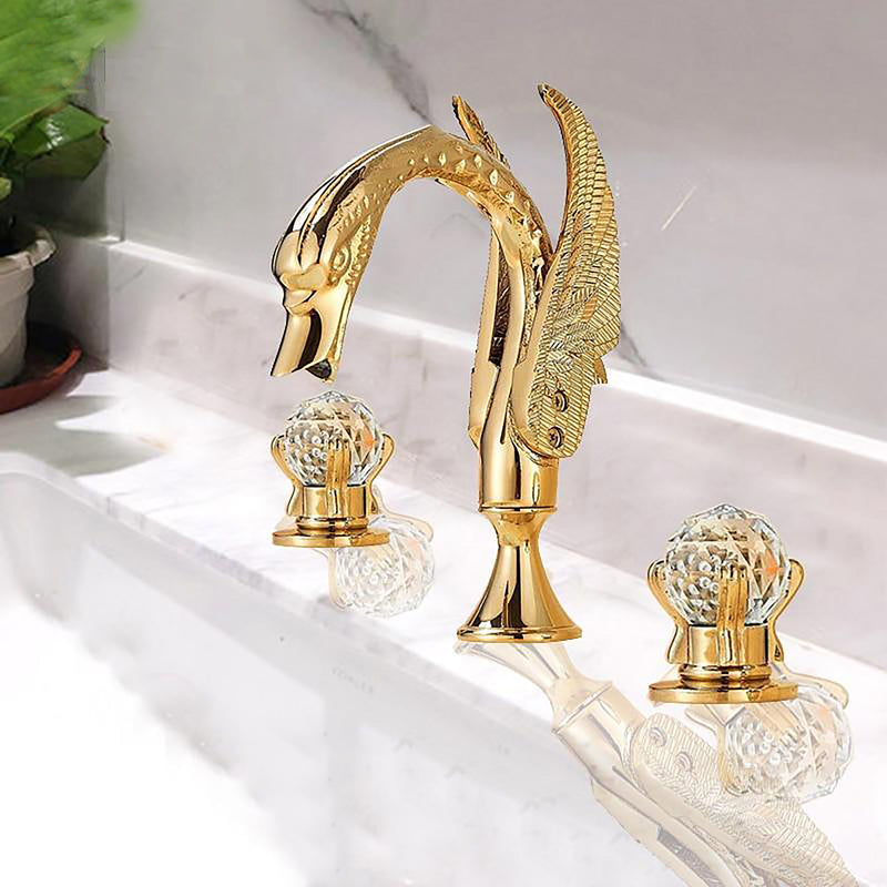 Gold Polished Swan 8 Inch Wide Spread Lavatory Faucet With Crystal Handles