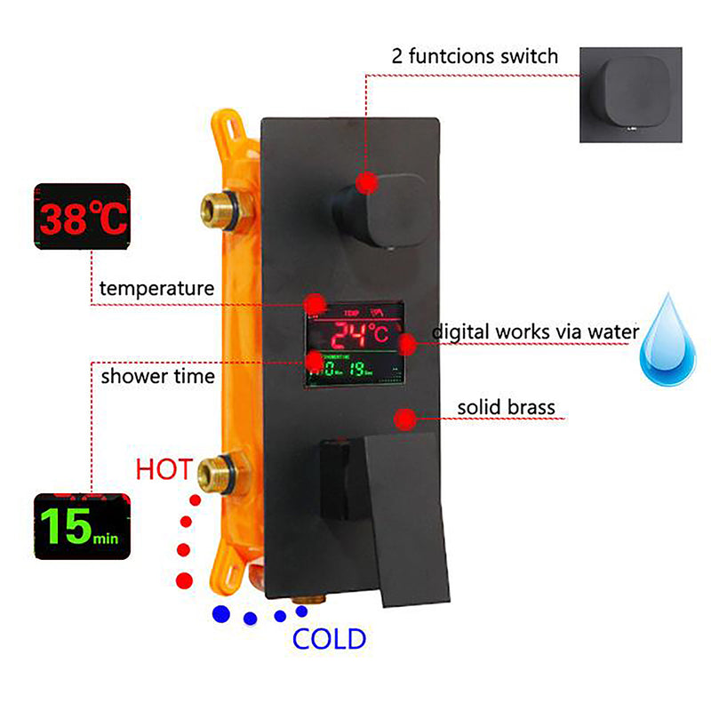 Black Rain Head LED Display Pressure Balance 2 Way Shower Completed Kit