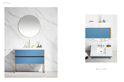 OPEN BOX MODEL- BELLA-Sky blue - freestanding bathroom vanity set with quartz top stainless steel framed brushed gold trim