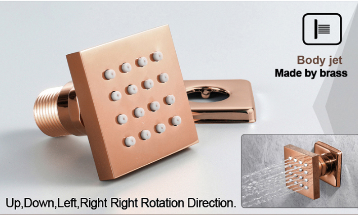 Rose gold polished Square 12" Inches Rain Head 3 way function diverter thermostatic PB with 4 body jets massage shower kit