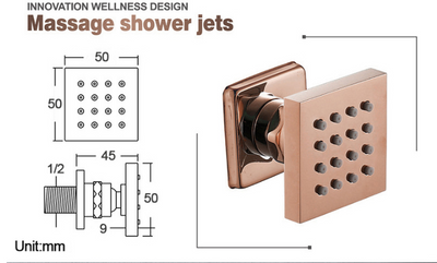 Rose gold polished Square 12" Inches Rain Head 3 way function diverter thermostatic PB with 4 body jets massage shower kit