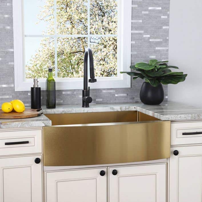 Brushed gold 50/50 farm apron stainless steel 16 gauge double bowl kitchen sink