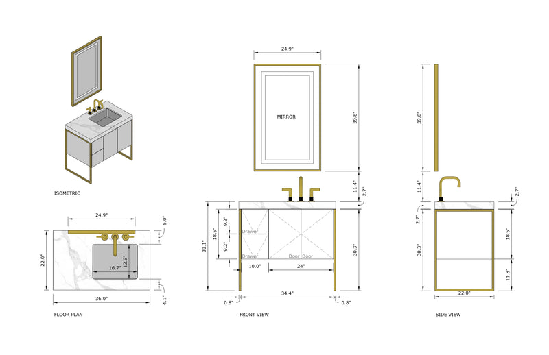 BELLA-White Matte freestanding bathroom vanity with brushed gold steel framed trim