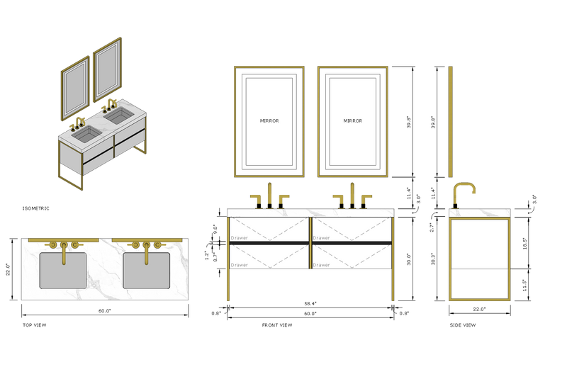 BELLA-White Matte freestanding bathroom vanity with brushed gold steel framed trim