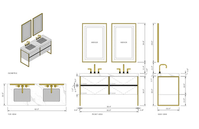 BELLA-White Matte freestanding bathroom vanity with brushed gold steel framed trim