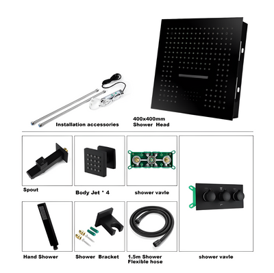 Black 12"x12" Ceiling Flush mount LED Rain head and Mist Bluetooth WIFI Music 4 way function valve ,hand spray and body jet massage completed spa shower system kit