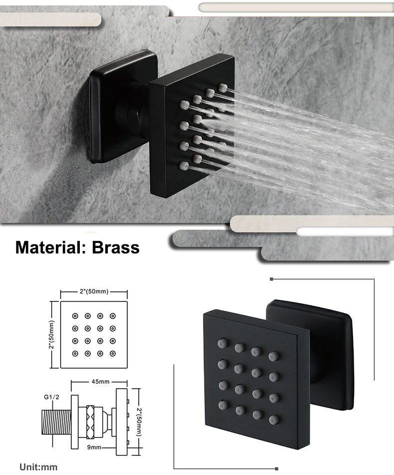 Monster Size 32" x 24" Inch LED Rain Spa Shower System -Matt Black Ceiling Flush Rain Head- Waterfall Shower Panel Head Thermostatic High Flow Shower with 6 body jets massage