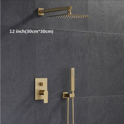 Brushed gold square 12 inch 3 way function diverter with hand spray and 6 body jets shower kit