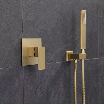 Brushed gold square 12 inch 3 way function diverter with hand spray and 6 body jets shower kit