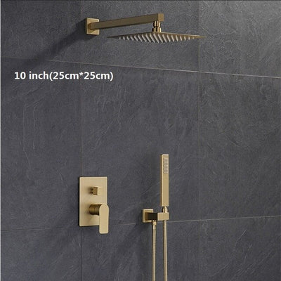 Brushed gold square 12 inch 3 way function diverter with hand spray and 6 body jets shower kit