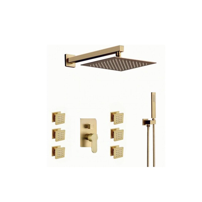 Brushed gold square 12 inch 3 way function diverter with hand spray and 6 body jets shower kit