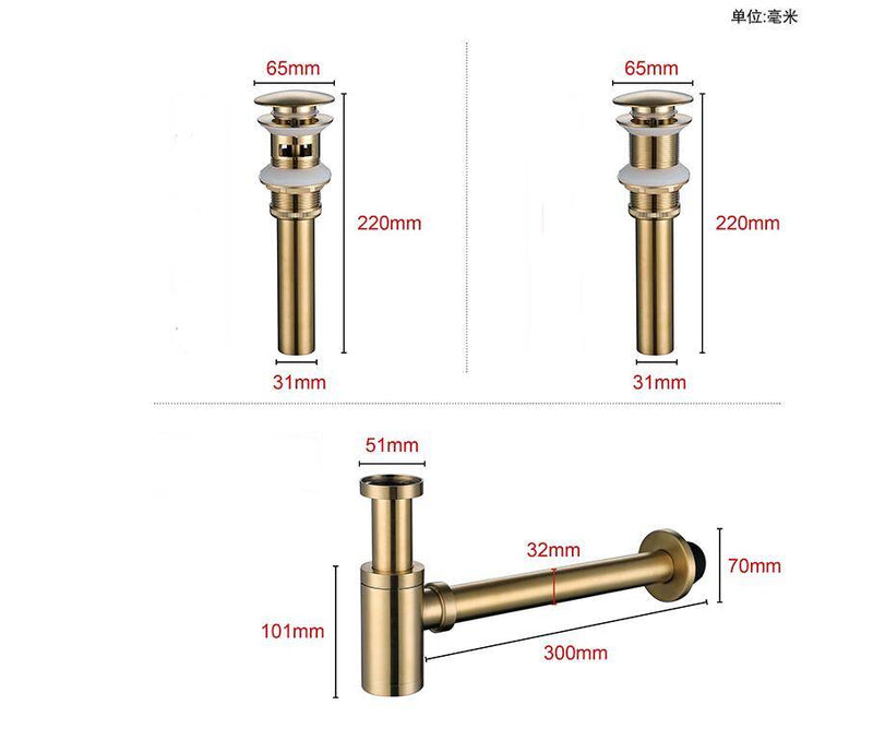 Brushed Gold European P Bottle trap completed with or with out pop up drain