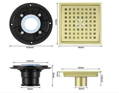 Brushed gold stainless steel square 6x6 shower drain kit