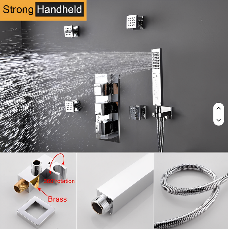 Chrome LED Spa Rain Head 3 Way Function Thermostatic Shower Kit 15"x23"-CSA