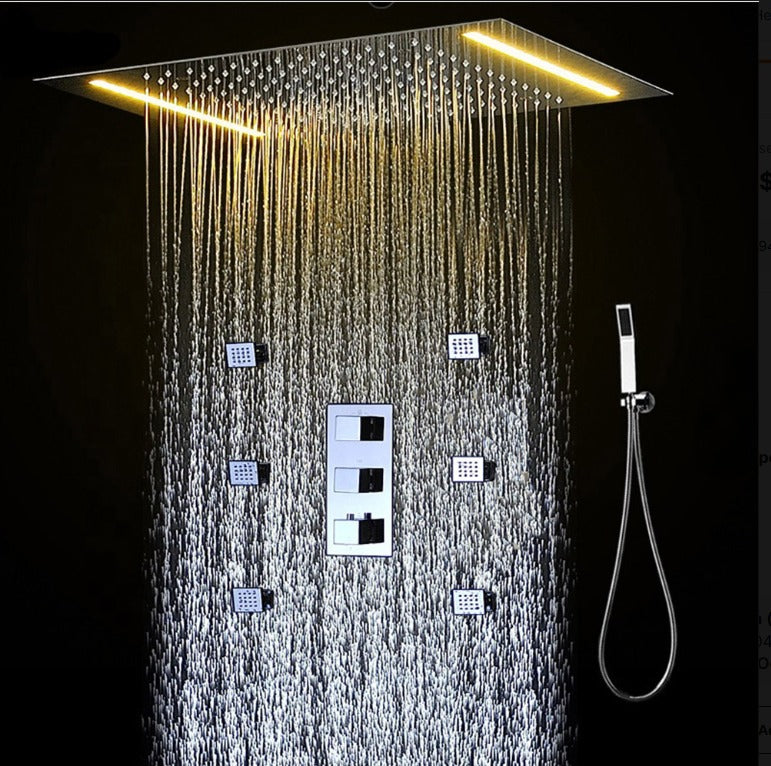 Chrome LED Spa Rain Head 3 Way Function Thermostatic Shower Kit 15"x23"-CSA
