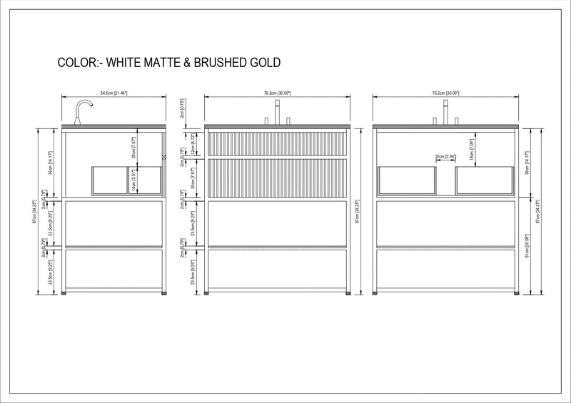 DOLCE 1926- WHITE ART DECO -SATIN BRUSHED GOLD STEEL FRAMED BATHROOM VANITY