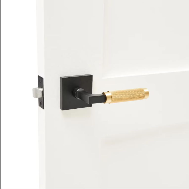 Zurich-Door handle lock black with brushed gold knurled