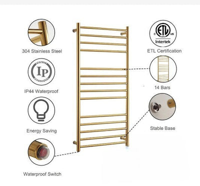 Gold polished brass electric hardwired towel warmer CSA size 43" x 24"