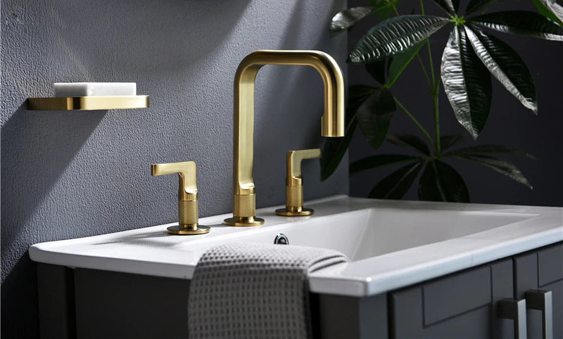 Brushed Gold - Grey Gun 8 inch wide spread faucet and deck mount tub filler