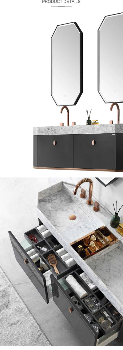 Finland - Grey Gun gloss/ brushed gold steel trim with calcutta natural stone intergrated into 1 sink