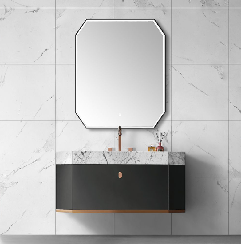 NORDIC-Dark Grey Gloss Wall Hung Mounted  Bathroom Vanity with One piece Marble Top and Rose gold steel trim trim 48"x19"