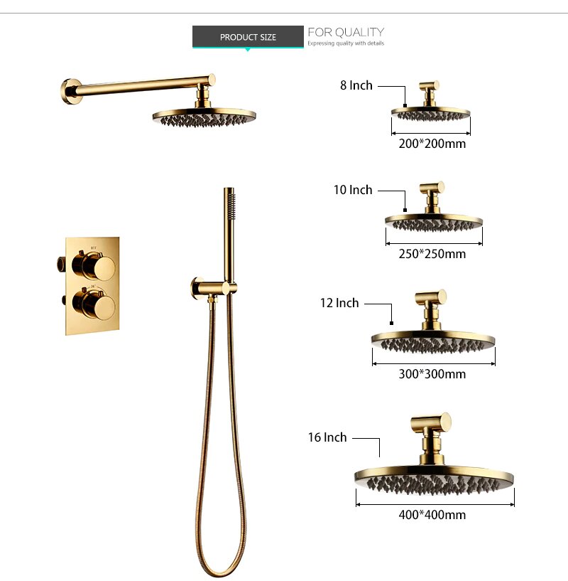 Gold Polished - Round Thermostatic 2 Way Diverter Shower Kit With Option  8-10-12--16 inch Rain Head