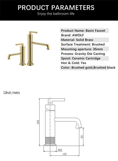 Brushed gold-Grey Gun short bathroom faucet