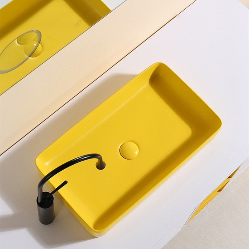 Yellow rectangular vessel sink