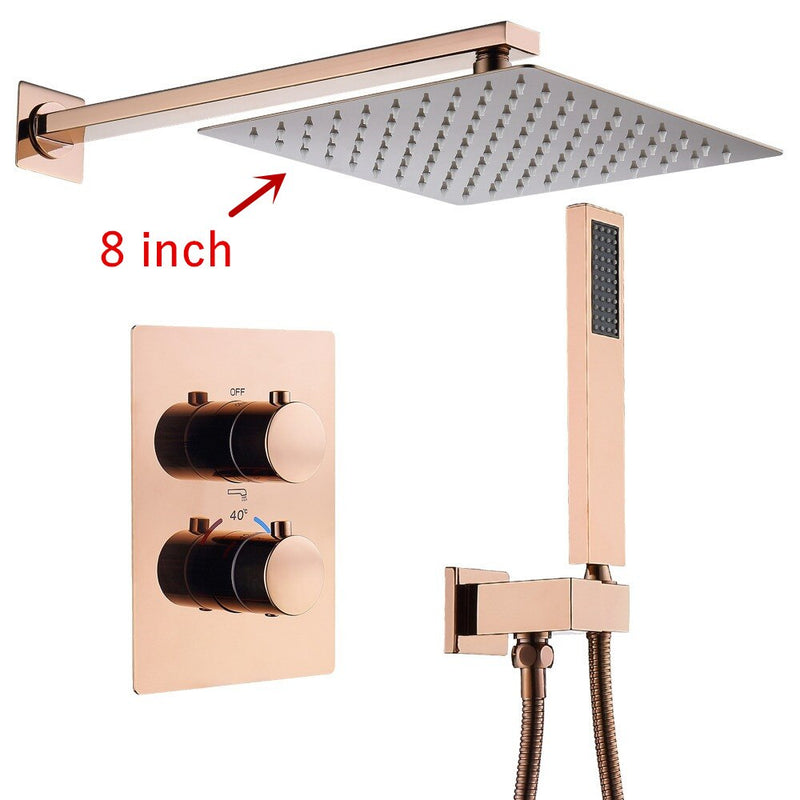 Rose Gold Polished Square 12" Inch Rain head 2 or 3 way function diverter thermostatic shower kit