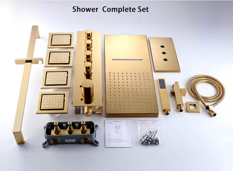 Gold polished - Waterfall- Rain Head Shower Thermostatic 4 Way Complete System Set