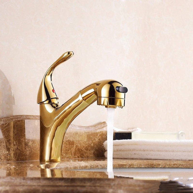 Gold polished brass pull out kitchen faucet