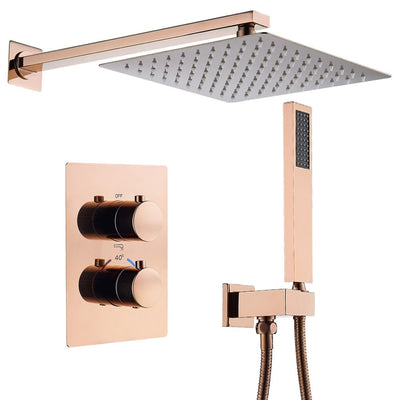 Rose Gold Polished Square 12" Inch Rain head 2 or 3 way function diverter thermostatic shower kit