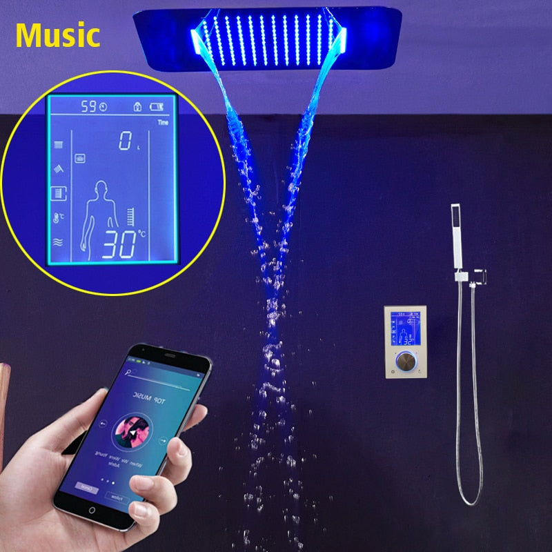 Chrome-Smart LED Touch Control Music Bluetooth with 23"x15" Ceiling Flushmount Spa Shower System Kit