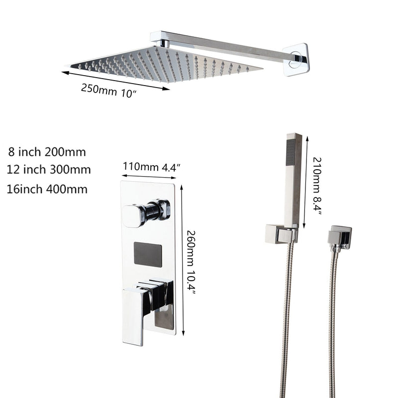 Chrome Square 12 Inch Rain Thermostic LCD Temperature Control Display 2 way diverter function shower kit